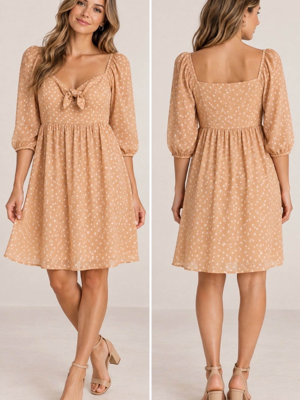 Square Neck Tie-Front Mini Dress in Taupe Dot